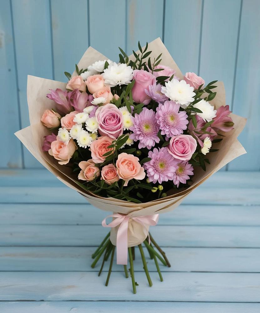 Букет цветов из: Хризантемы, Розы и Альстромерии в Райки