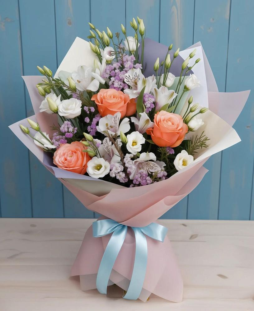 Букет цветов из: Лизиантусы, Розы, Альстромерии и Гипсофила в Райки